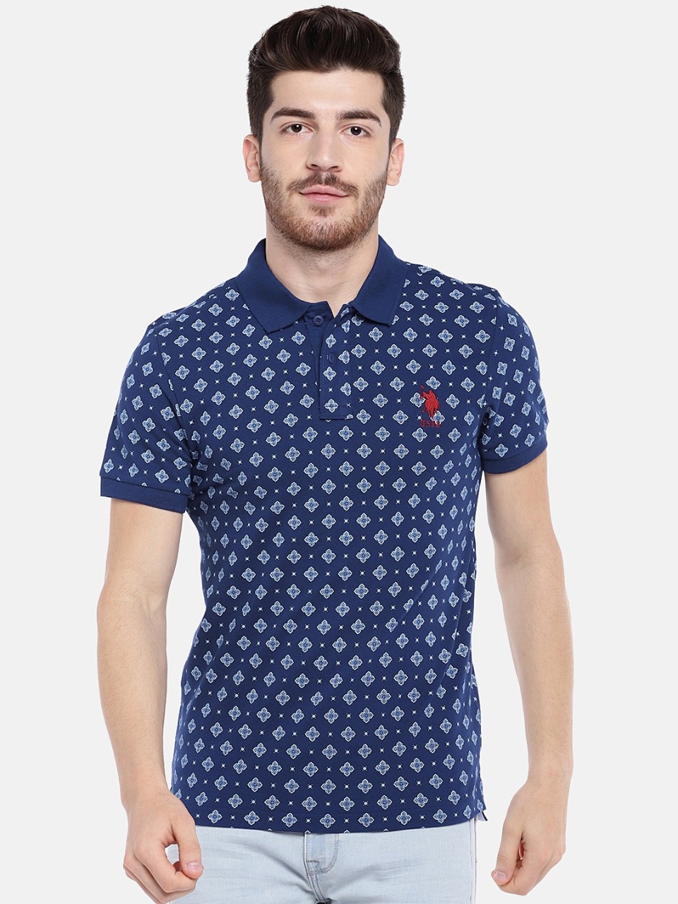 U.S. Polo Assn. Men Blue Printed Polo Collar T-shirt