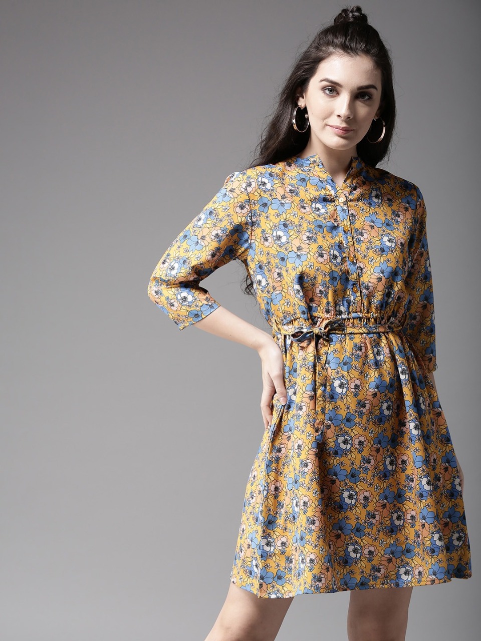 Moda Rapido Women Yellow Printed Fit and Flare Dress