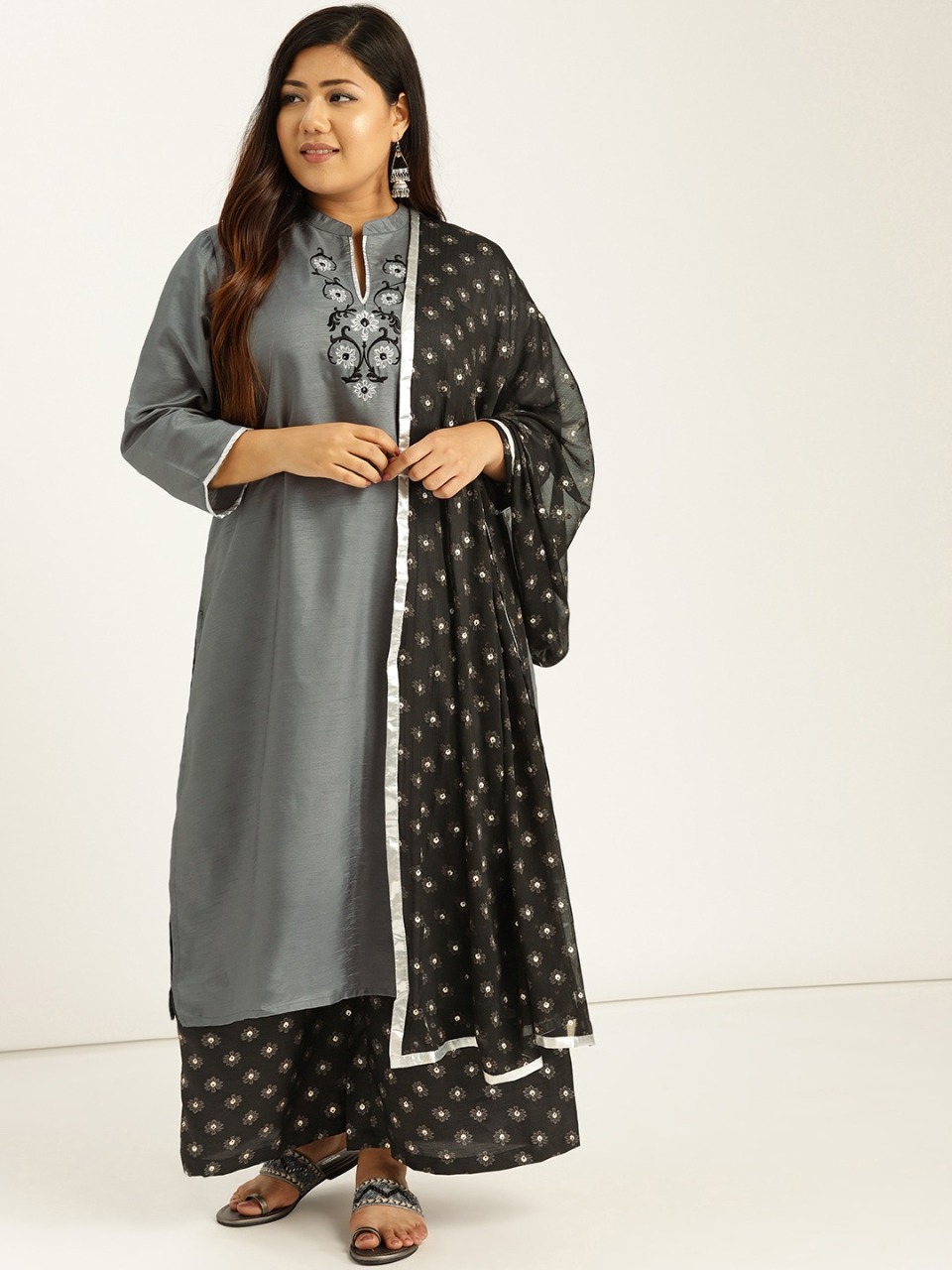 Sztori Plus Size Women Grey Black Yoke Design Kurta with Palazzos Dupatta