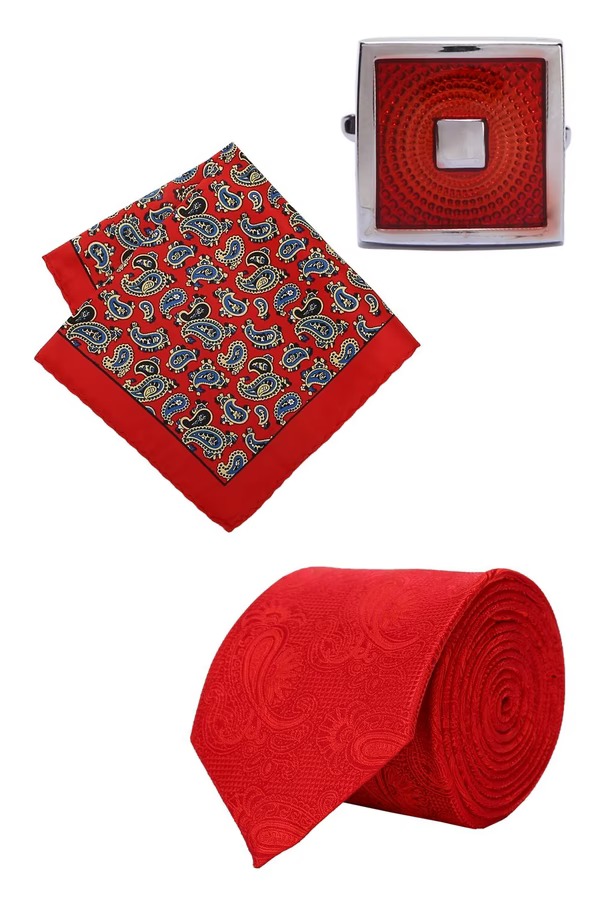 Peter England Men Red Tie Pocket Square And Cufflink