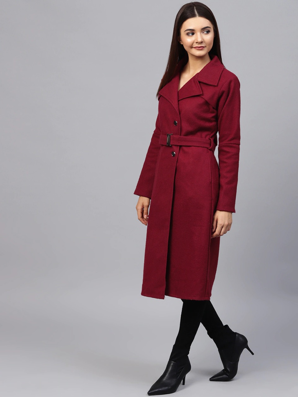 Athena Women Maroon Solid Longline Overcoat