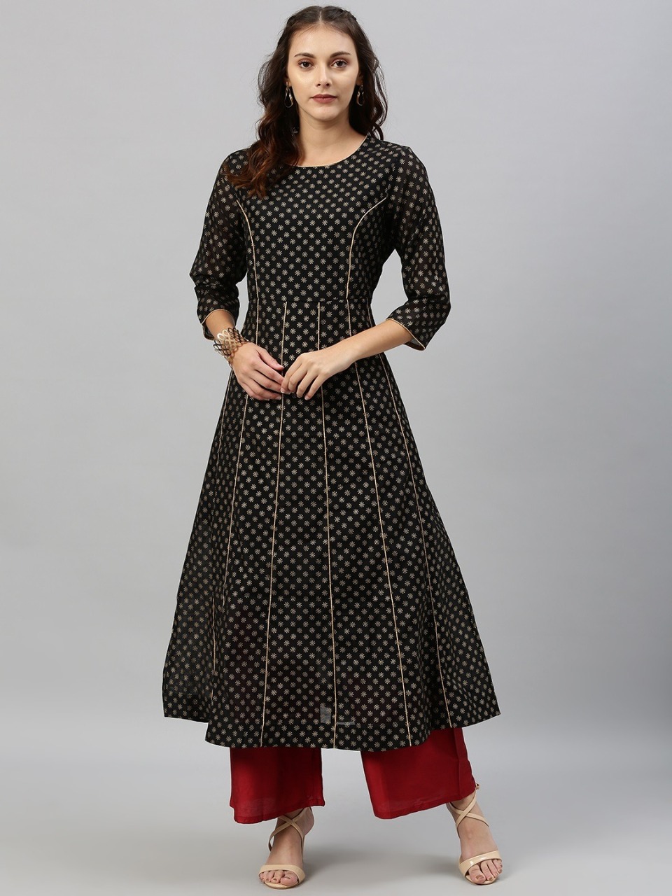 Anouk Women Black & Gold-Toned Printed A-Line Kurta