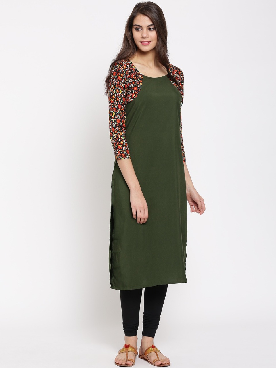 La Firangi Women Olive Green Printed Straight Kurta