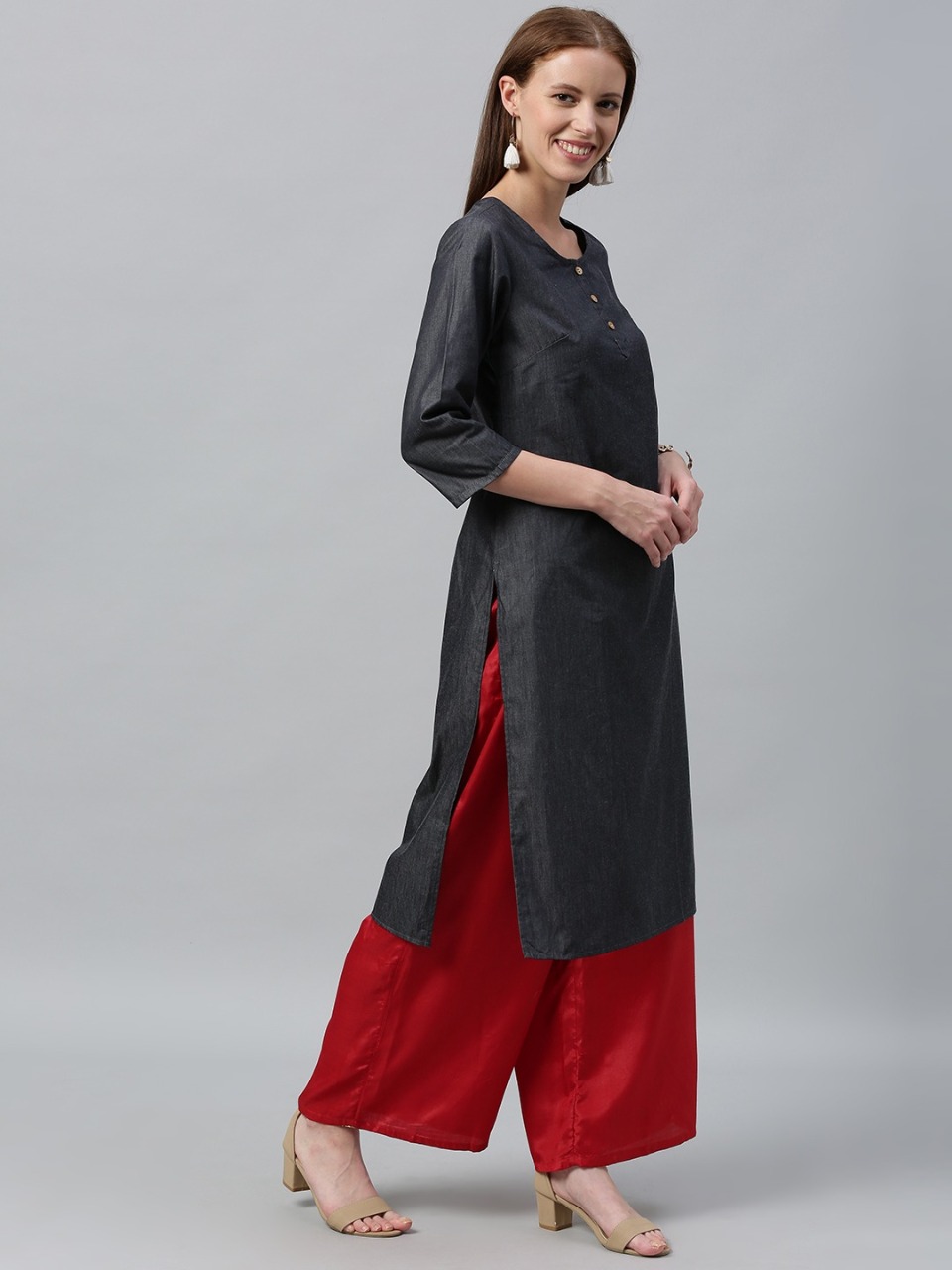 Anouk Women Charcoal Grey Solid Straight Kurta