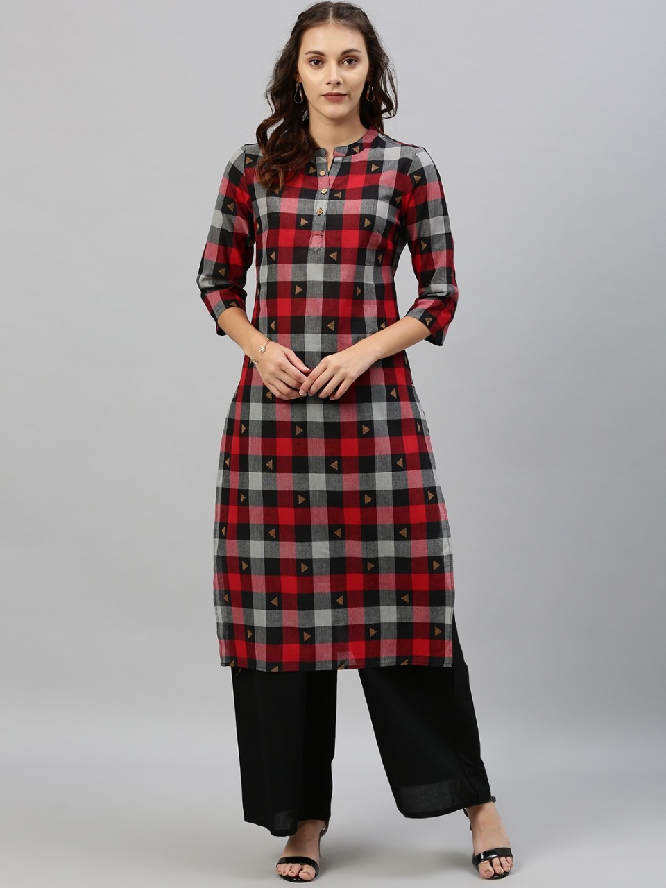 Anouk Women Red & Black Checked Straight Kurta