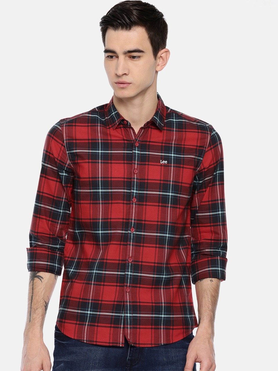 Lee Men Red & Black Slim Fit Checked Casual Shirt