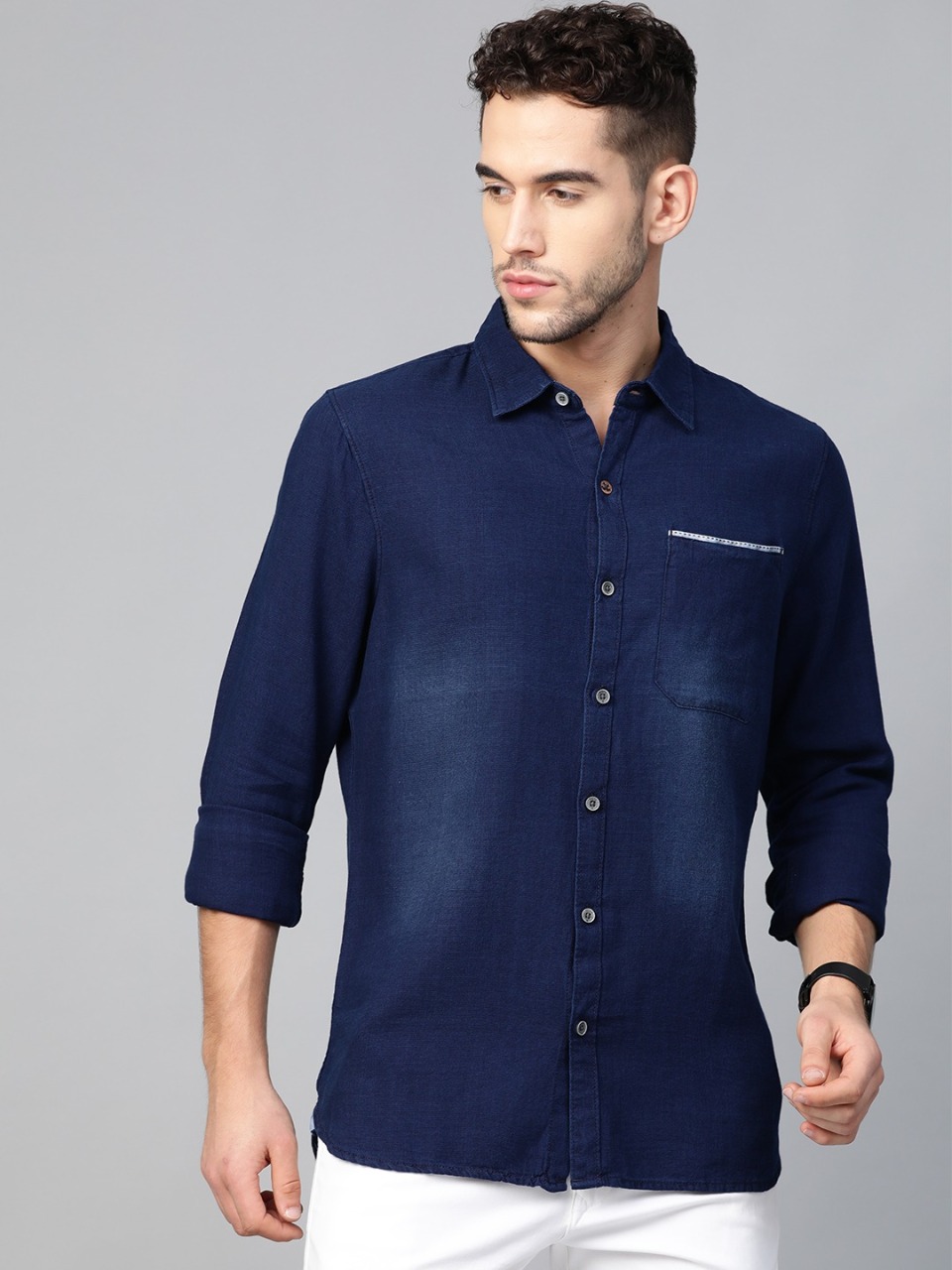  WROGN Men Navy Blue Slim Fit Faded Casual Shirt