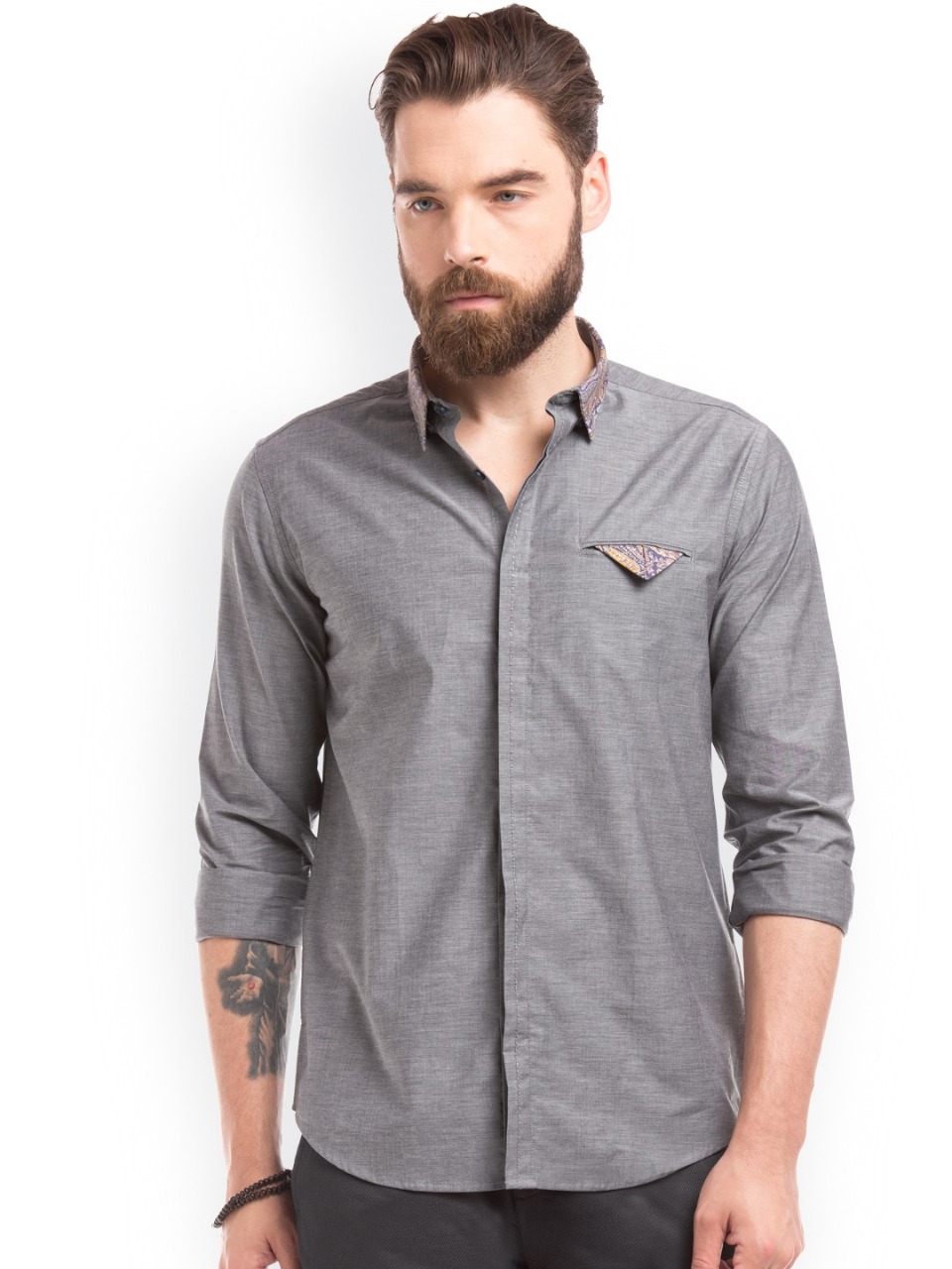 True Blue Men Grey Slim Fit Solid Casual Shirt