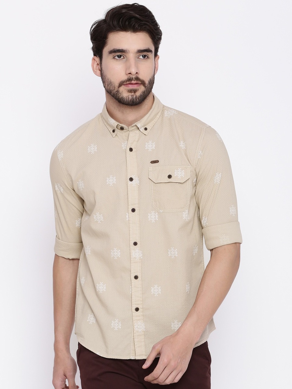 People Men Taupe Slim Fit Printed Casual Shirt