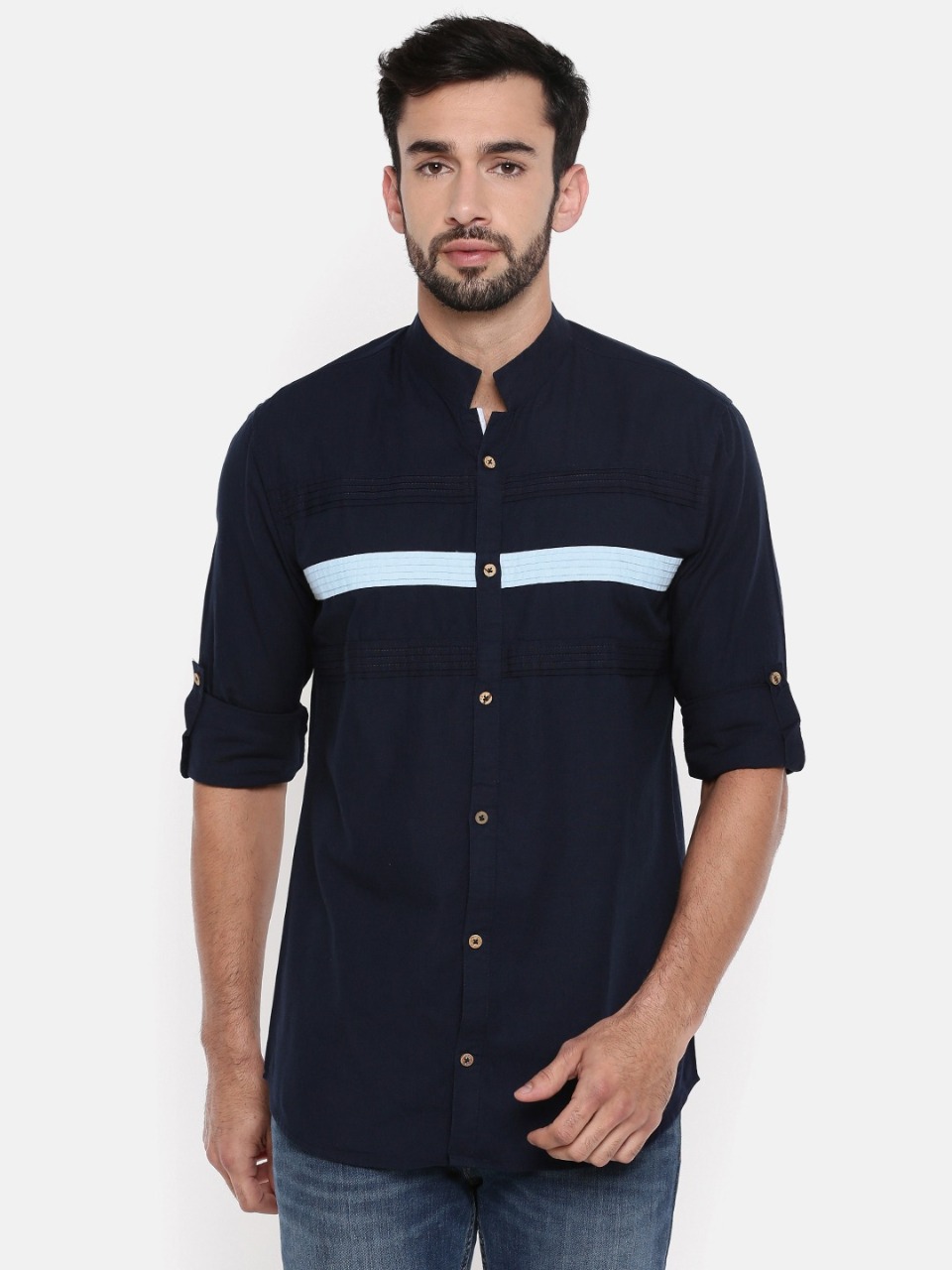 Freehand Men Navy Blue Slim Fit Striped Casual Shirt