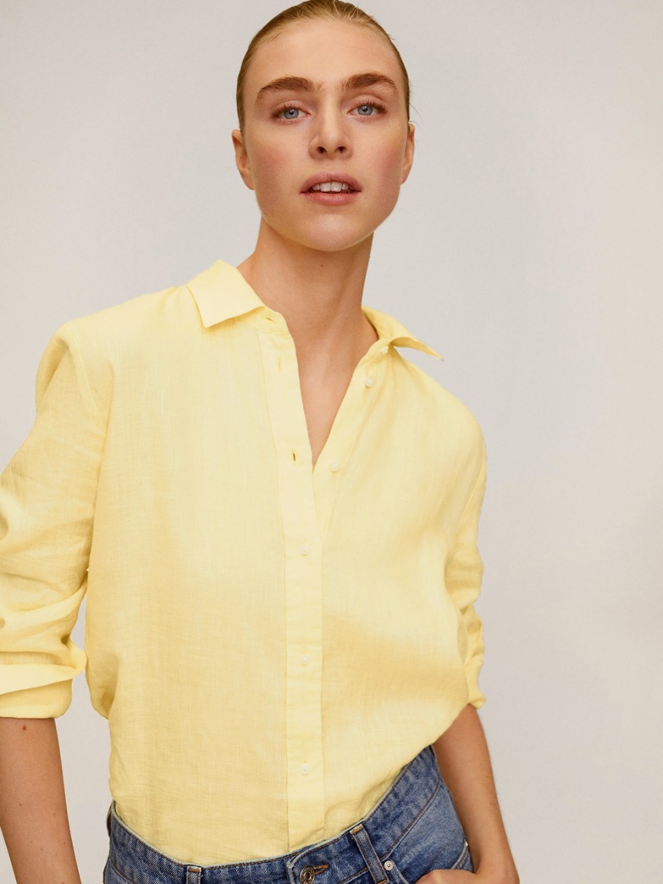 MANGO Women Yellow Regular Fit Linen Solid Casual Shirt