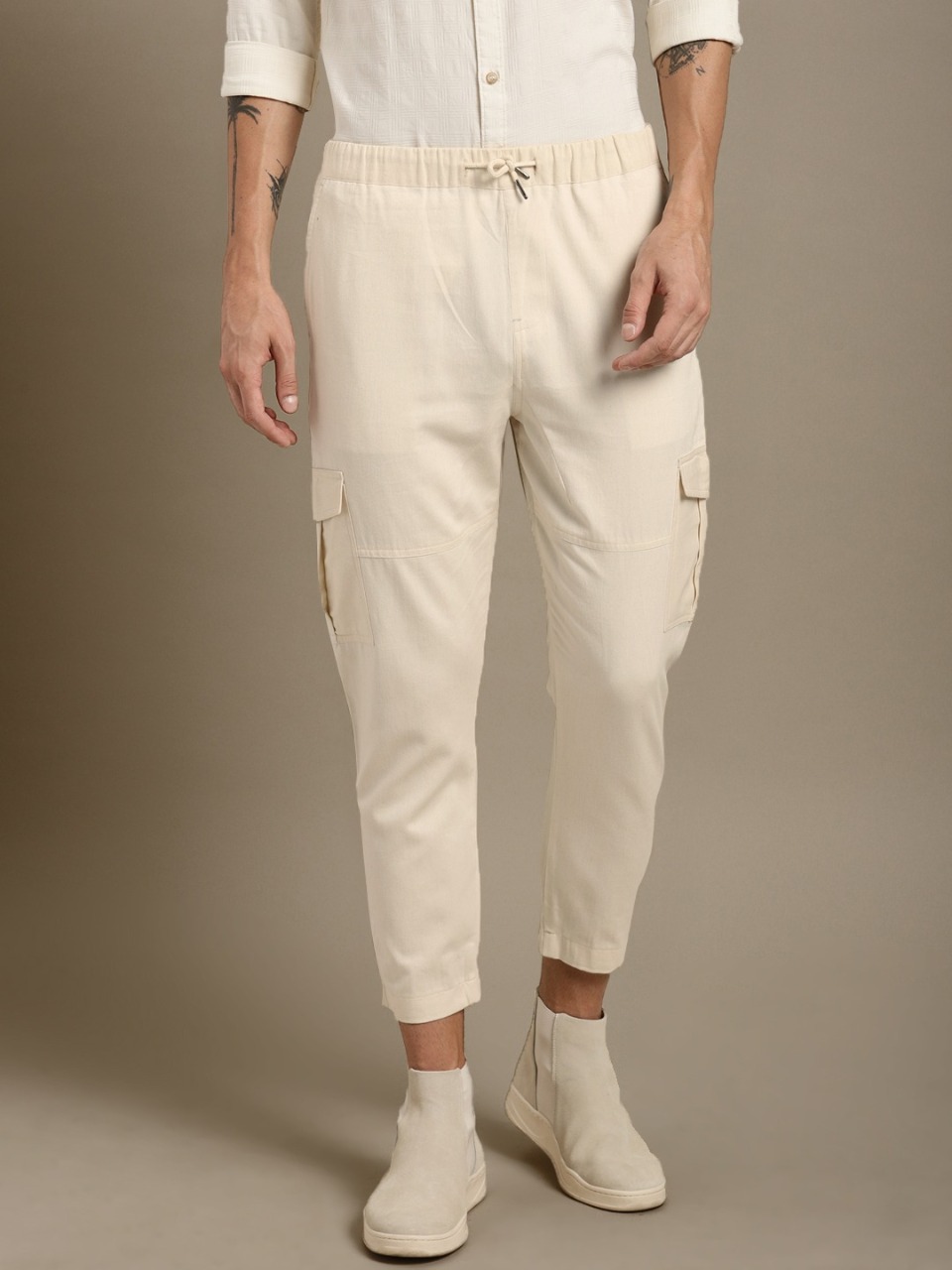 ether Ether Kora Collection Men Unbleached Fabric Solid Cropped Cargos