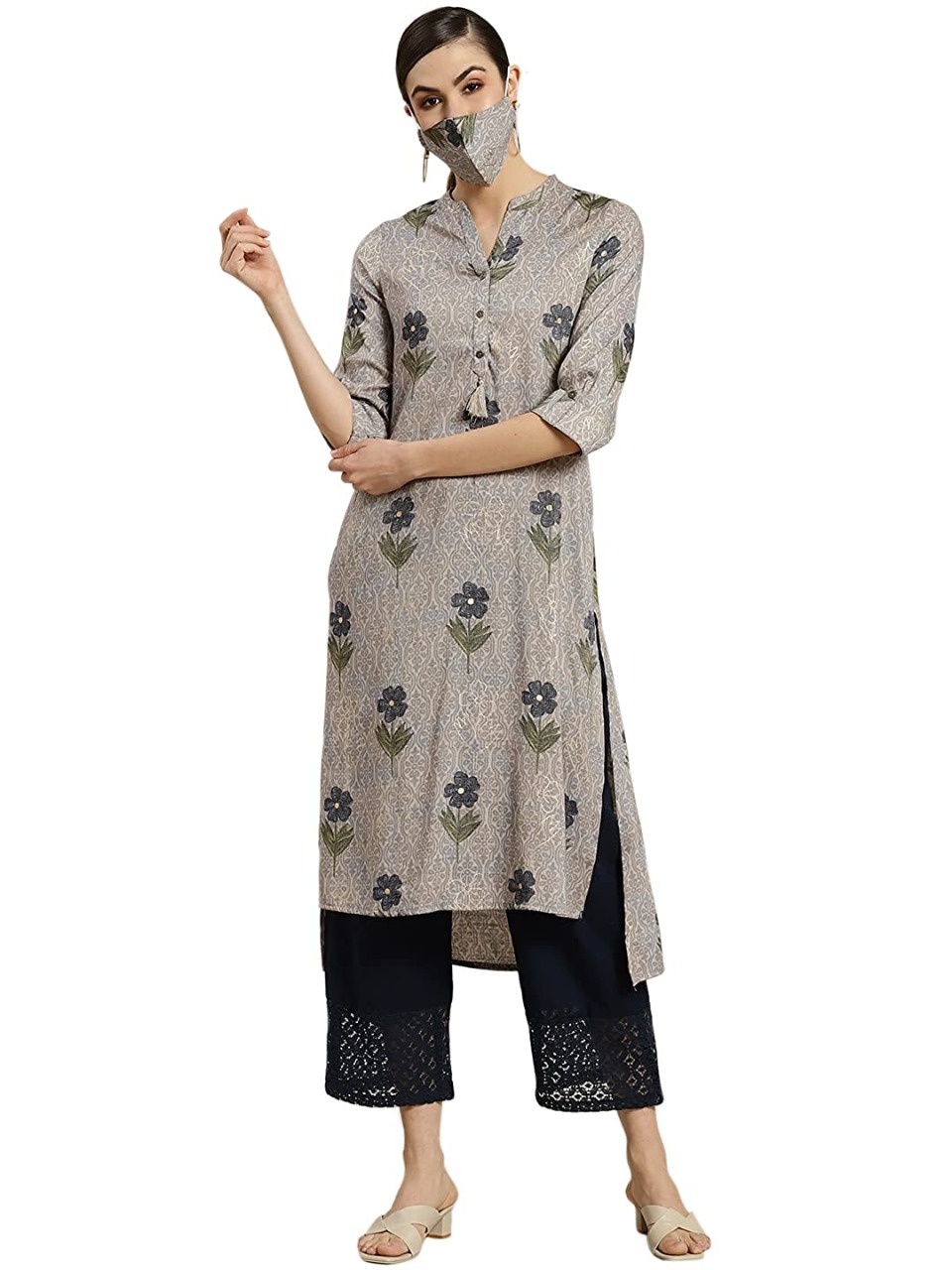 Juniper Rayon Slub Floral Print High Low Kurta with Mask