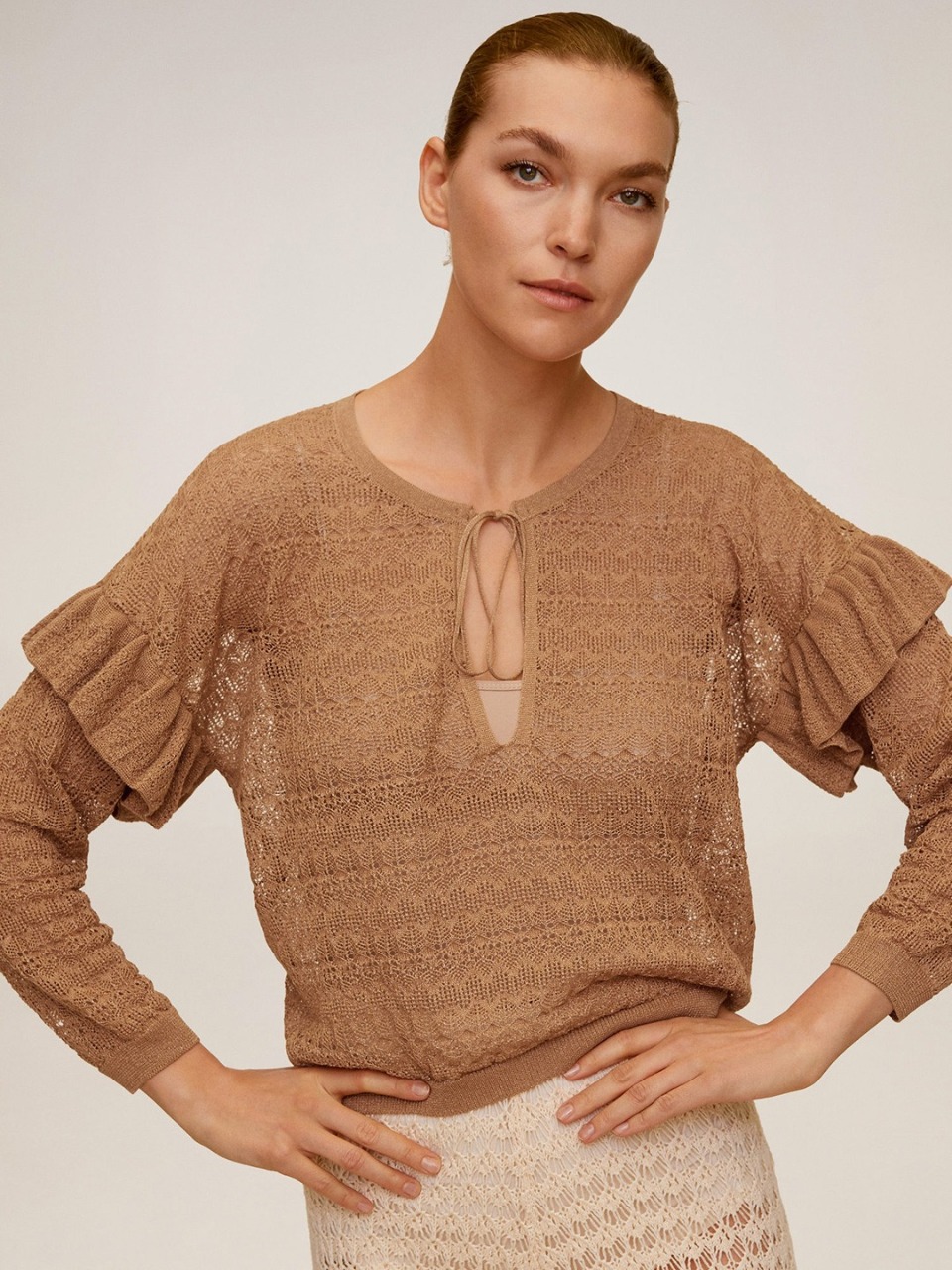 MANGO Women Beige Self Design Top