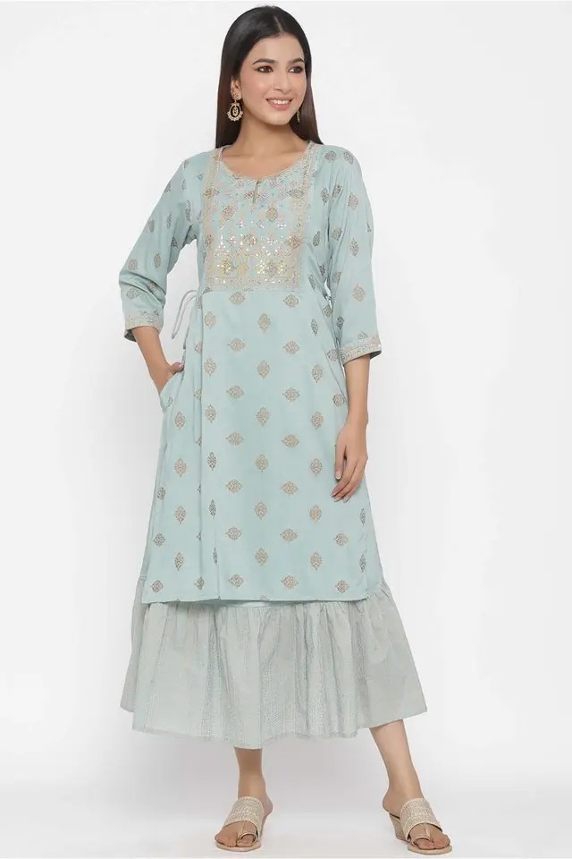 Juniper Womens Muslin& Shantoon Zari Embroidered 2 Piece Kurta Set