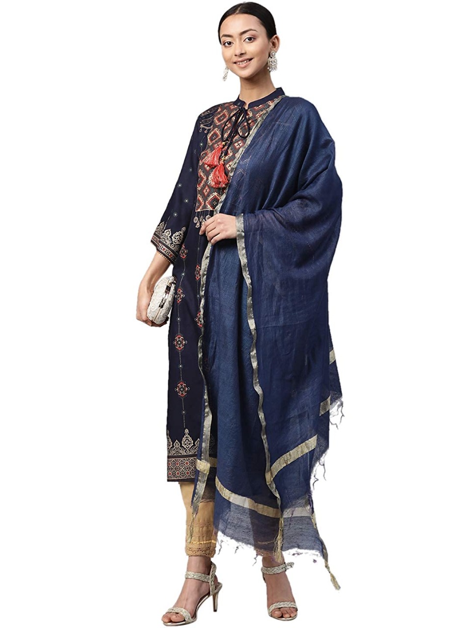 Juniper Indigo Rayon Printed Straight Kurta Dupatta Set with Hair-Band