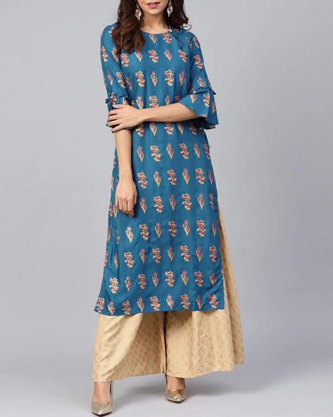 JUNIPER Floral Print Straight Kurta with Bell Sleeves