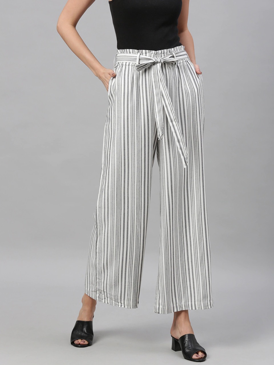 HERE&NOW Women Regular Fit Striped Parallel Trousers