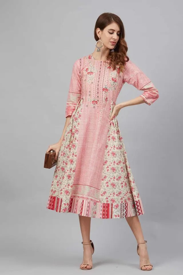 Juniper Womens Cotton Dobby Floral Placement Print Anarkali Kurta