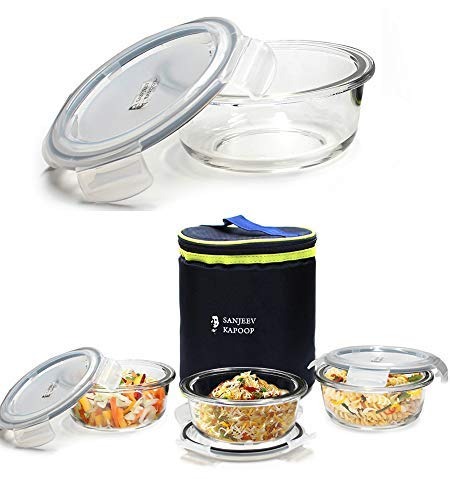 Sanjeev Kapoor Boston Borosilicate Glass Round Lunch Box 3 pcs Set with Bag