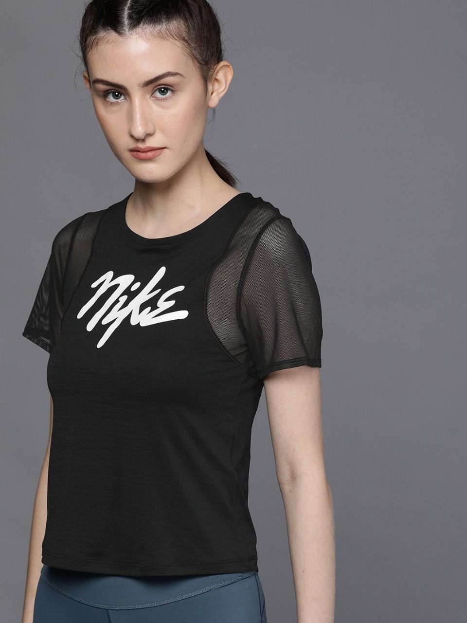 Nike Women Printed Round Neck AS SS RUNWAY Net Detailed Dri-Fit Running T-shirt