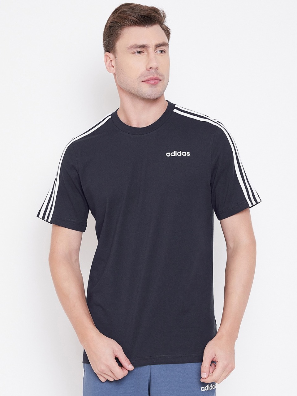 ADIDAS Men Solid Athletics Essentials 3-Stripes Round Neck T-shirt