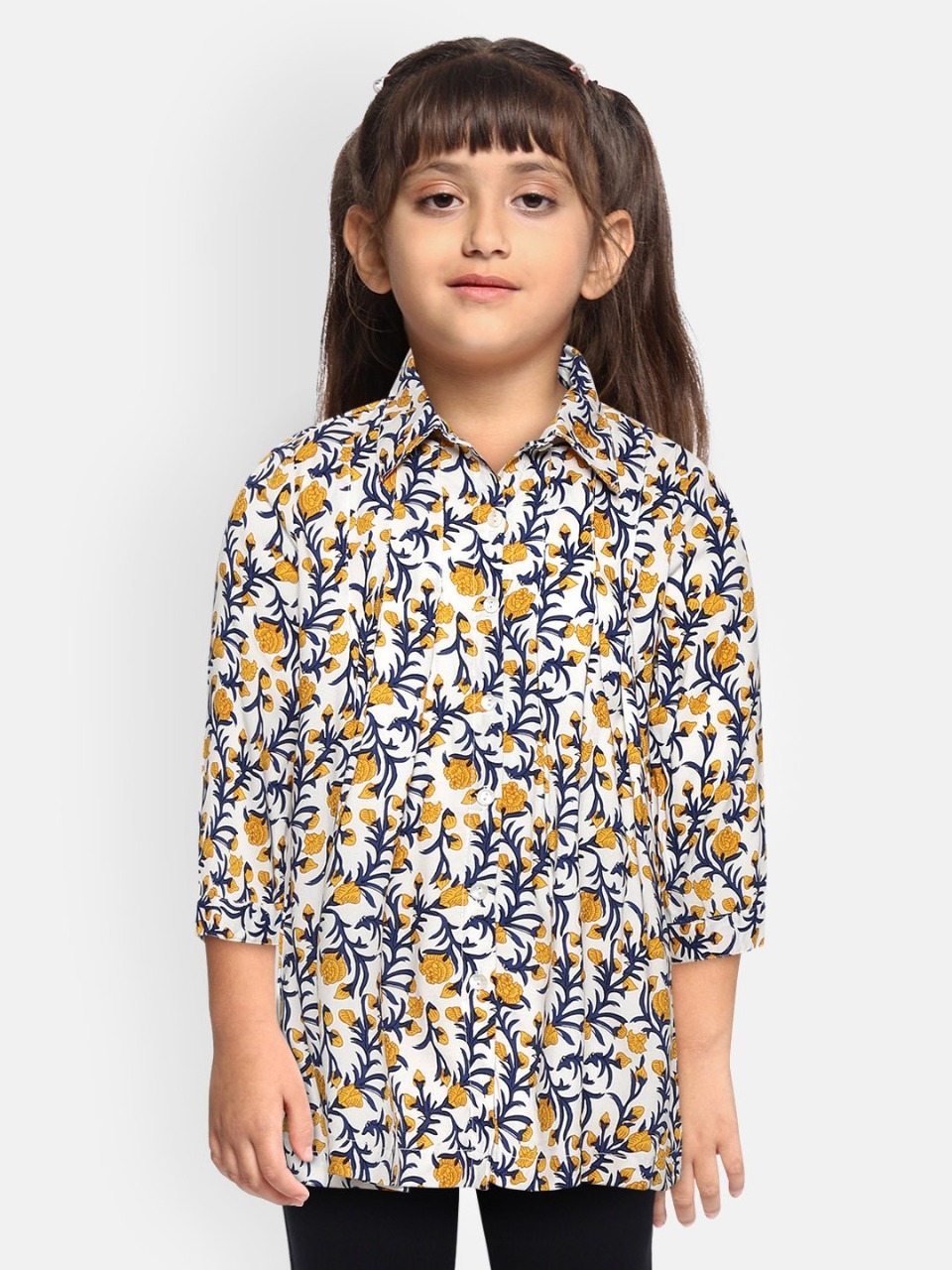 Sangria Girls Ethnic Print Pleated Shirt Style Top