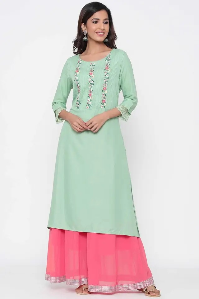 Juniper Womens Rayon Embroidered Straight Kurta With Lace Detailing