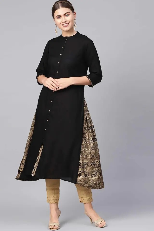 Juniper Womens Rayon Gold Foil Print A-Line Panelled Kurta