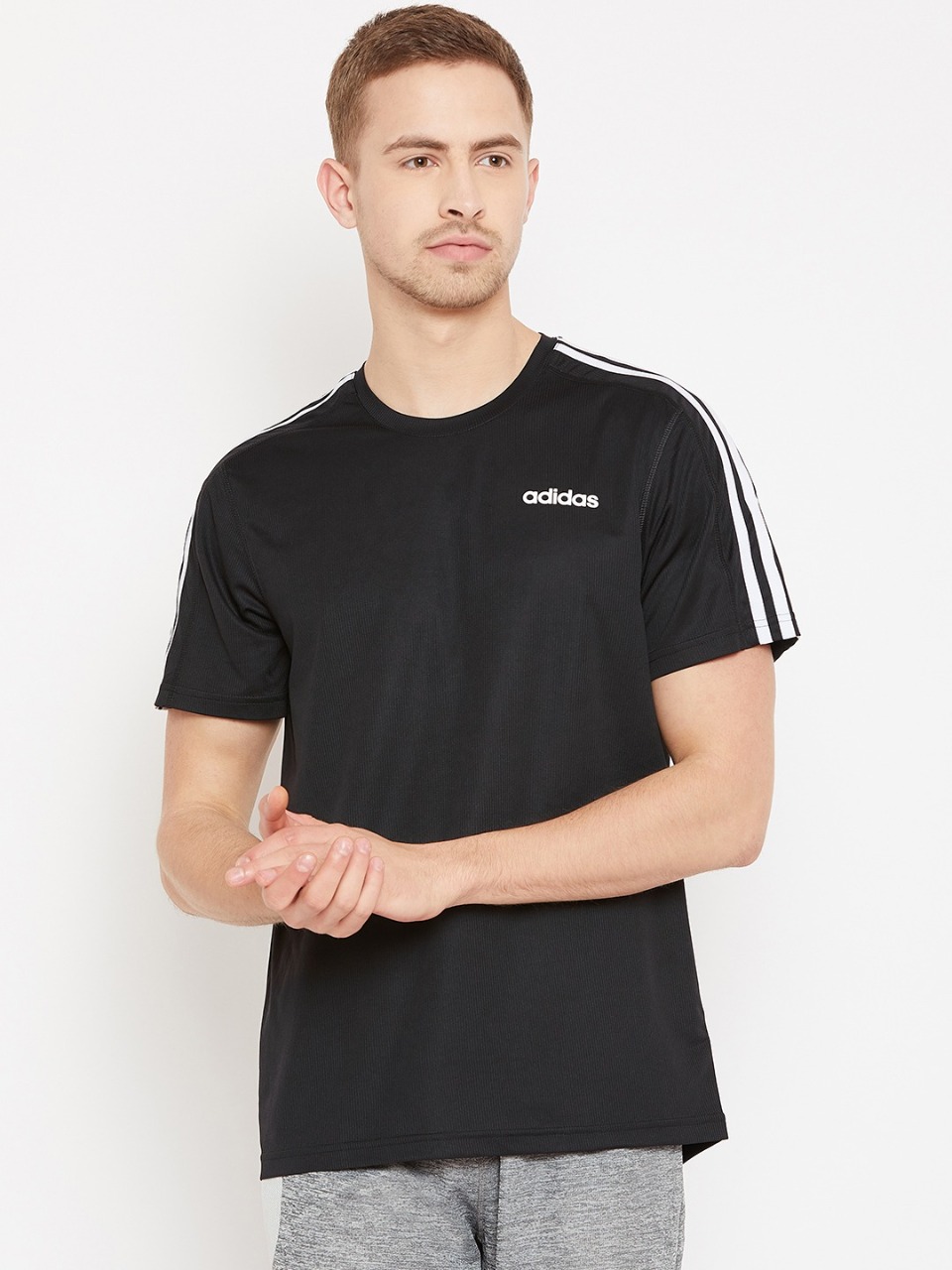 ADIDAS Men Black Solid D2M 3 Stripe T-shirt