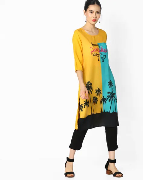 JUNIPER Tropical Print Colourblocked Kurta