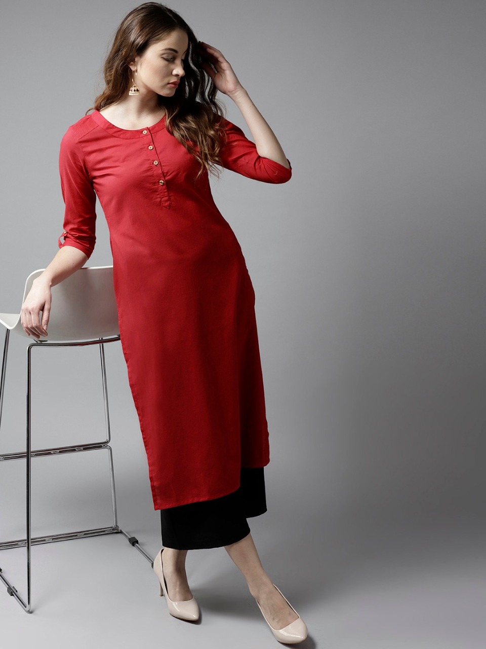 HERE&NOW Women Red Solid Straight Kurta