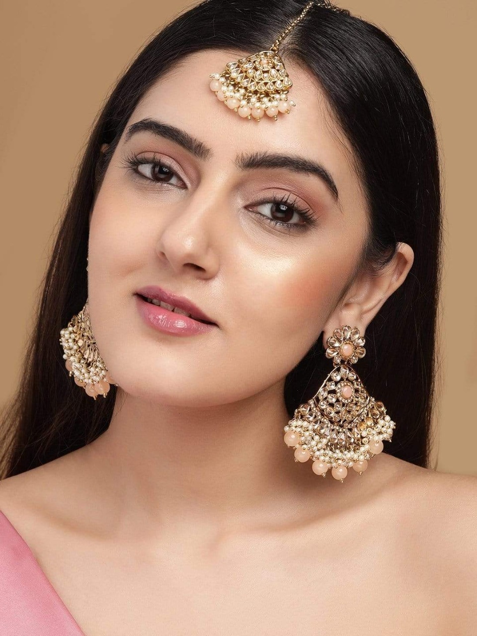 Rubans Handcrafted AD Studded with Pink Beads Earrings & Maangtikka Set