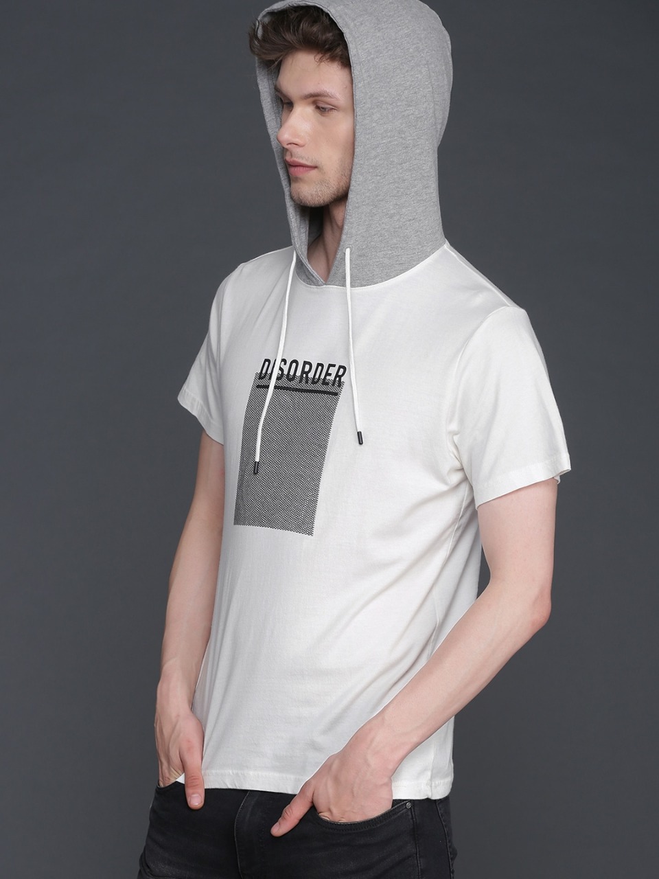 WROGN Men Off-White Printed Hood Pure Cotton T-shirt