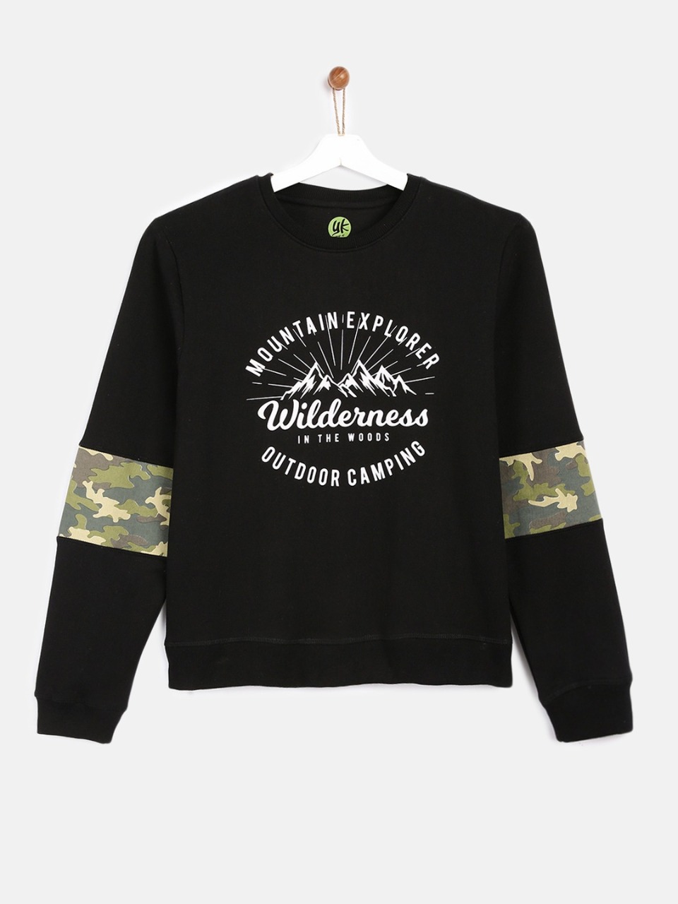 YK Boys Black Printed Sweatshirt with Camo Patch Sleeves