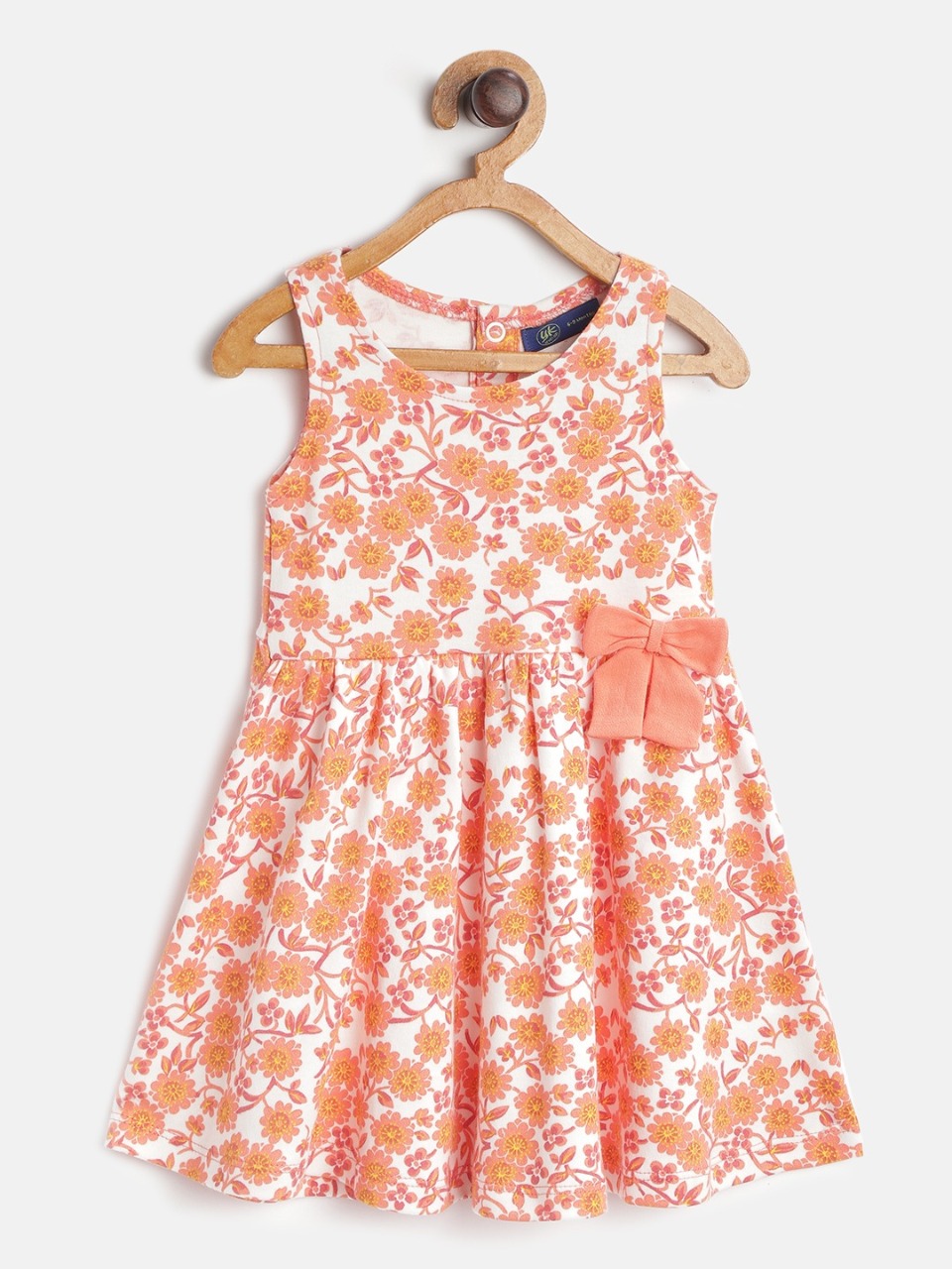 YK Girls Coral Floral Print A-Line Dress with Bow Detail