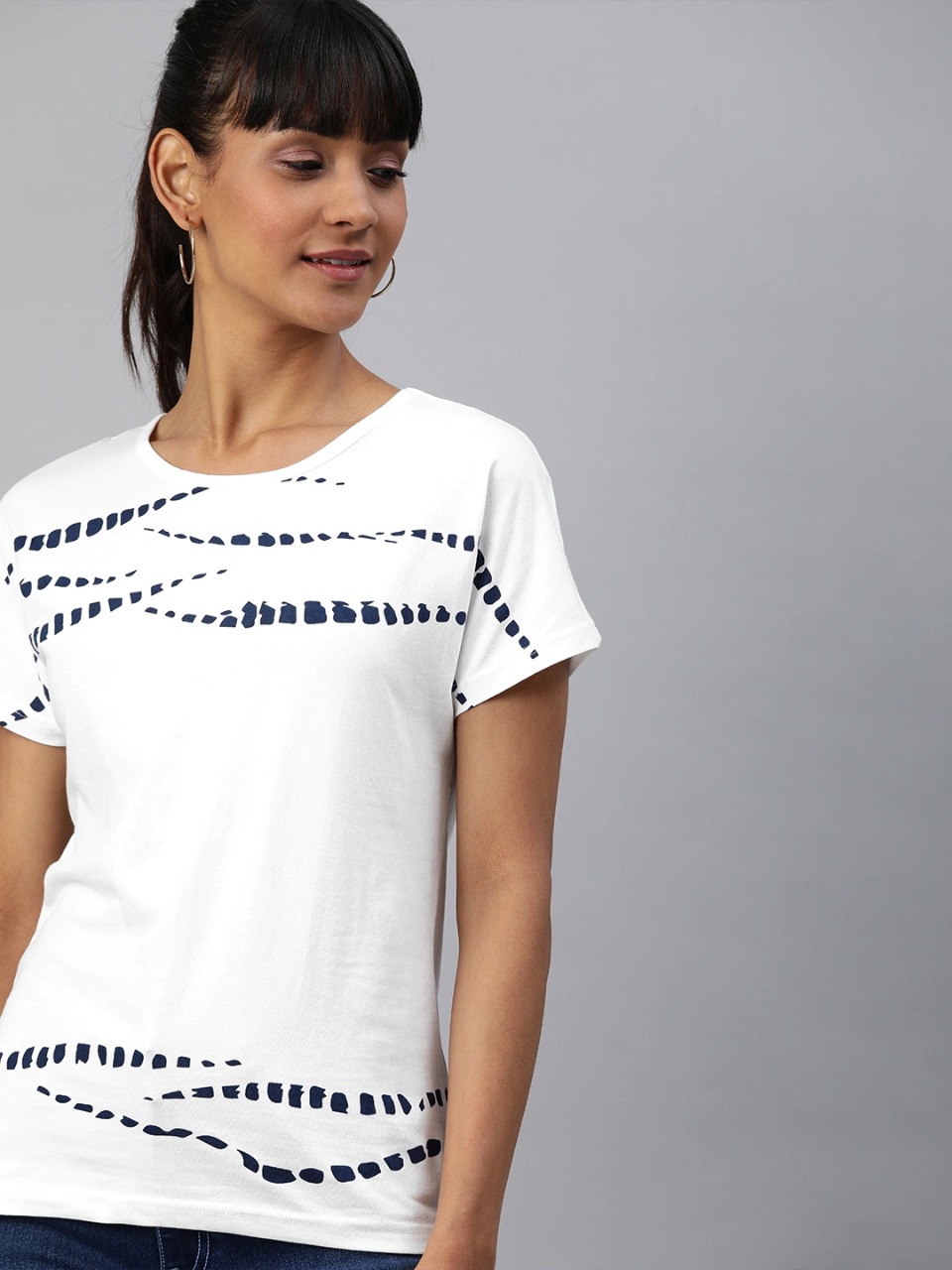 HERE&NOW Women White Printed Round Neck Pure Cotton T-shirt