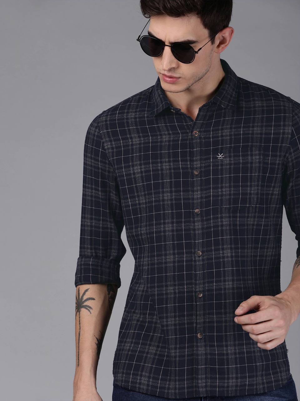 WROGN Men Blue & Beige Checked Slim Fit Casual Shirt