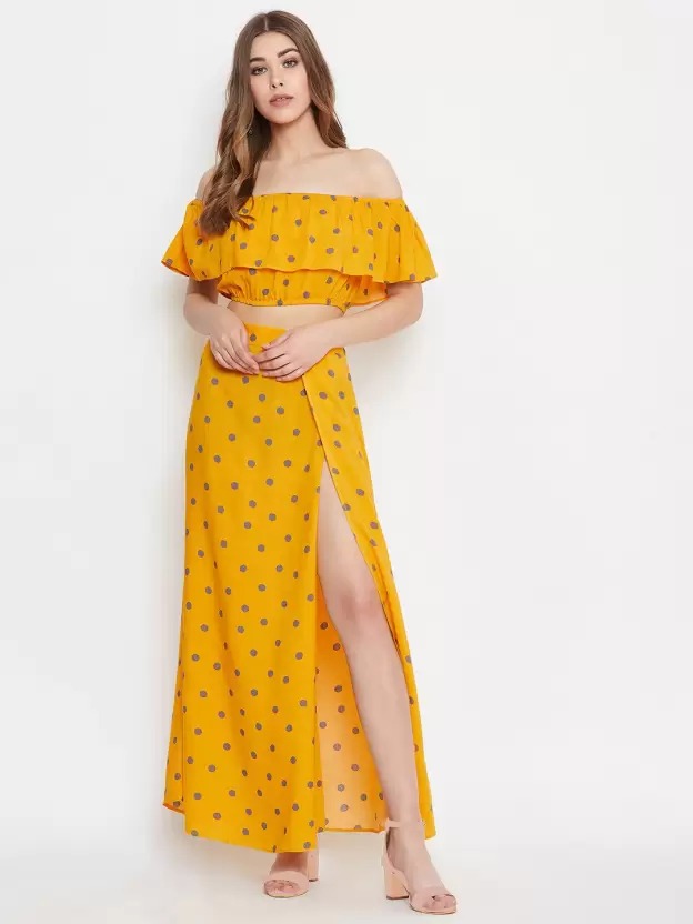 Berrylush Women Polka Dot Printed Off-Shoulder Co-Ordinate Maxi Dress