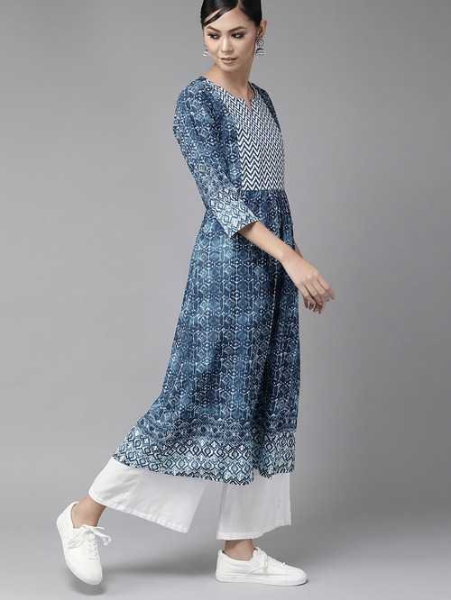 Indo Era Blue Printed Straight Kurta