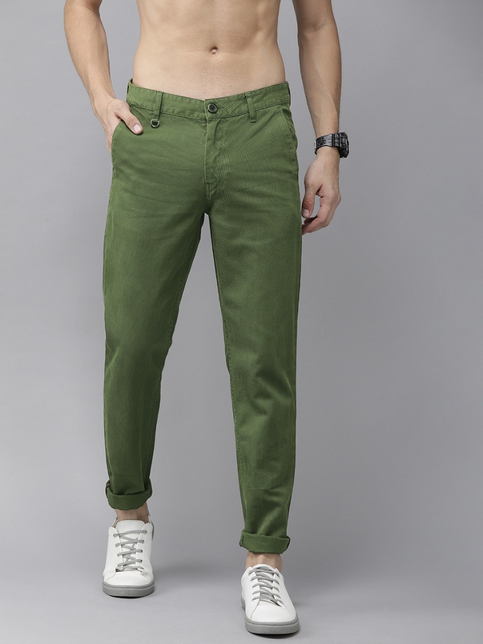 Roadster Men Olive Green Slim Fit Solid Chinos