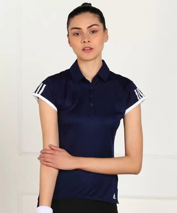 ADIDAS  Solid Women Polo Neck Dark Blue T-Shirt