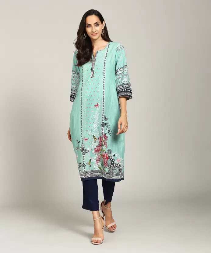 BIBA  Women Printed Cotton Blend Straight Kurta