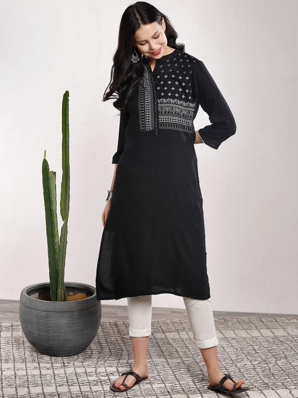 Sangria Women Black Embroidered A-Line Kurta