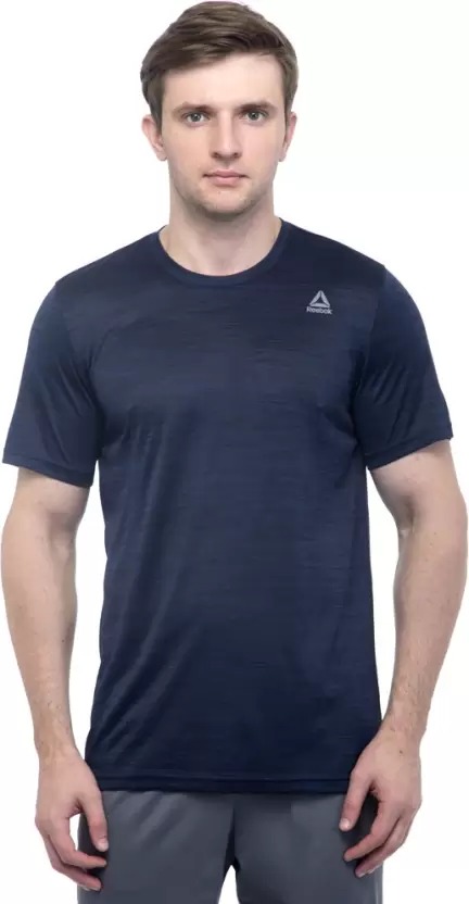 REEBOK  Solid Men Round Neck Dark Blue T-Shirt