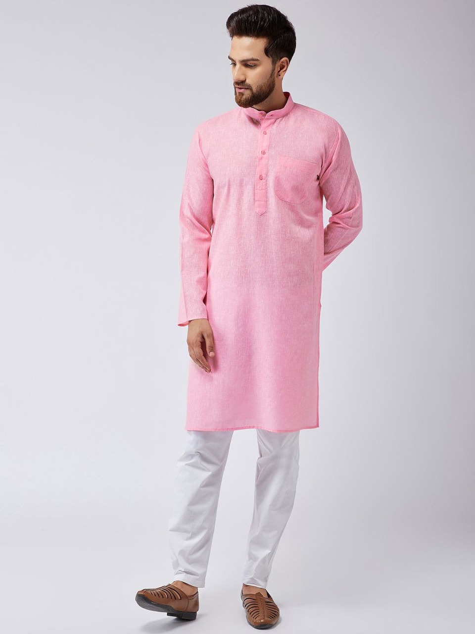 Sojanya Cotton Linen Pink Long Kurta