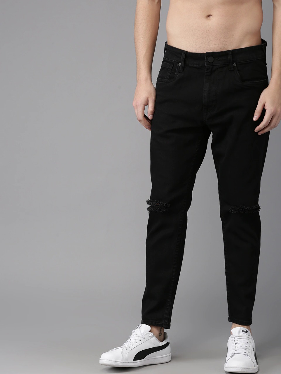 HERE&NOW Men Tapered Fit Cropped Mid-Rise Stretchable Slash-Knee Jeans