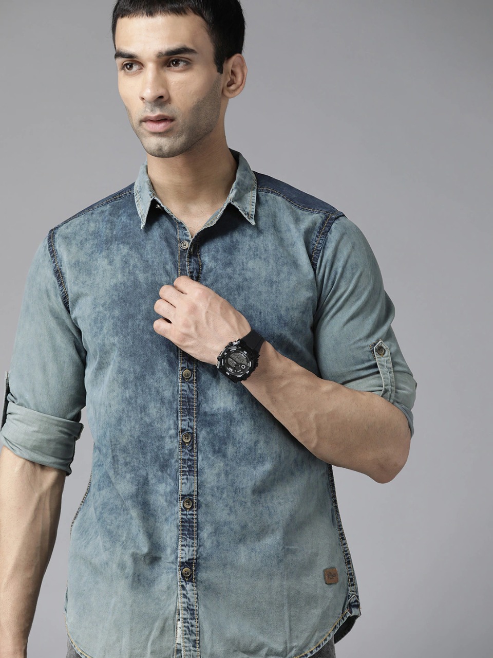 Roadster Men Pure Cotton Washed Denim Sustainable Shirt