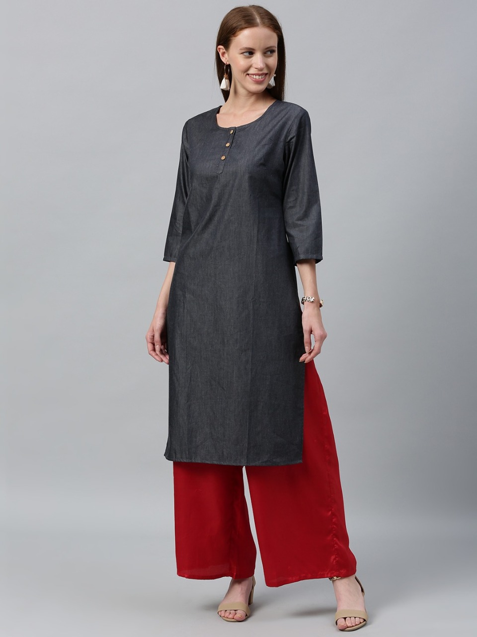 Anouk Women Charcoal Grey Solid Straight Kurta