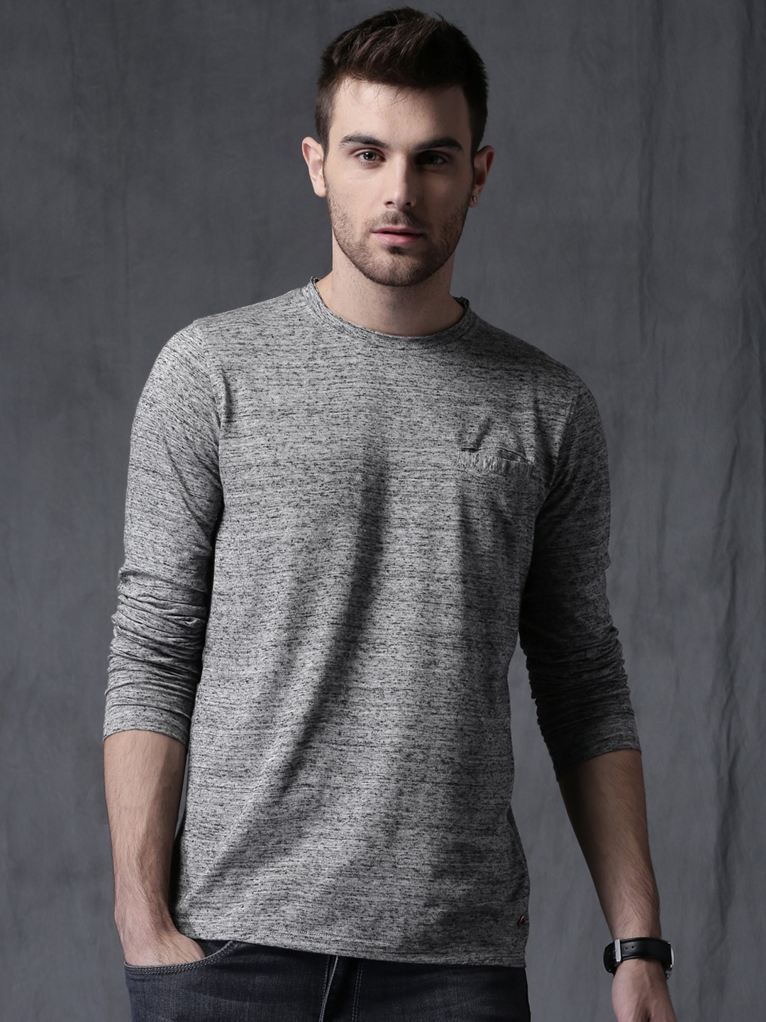 WROGN Men Melange Self Design Welt Pocket T-shirt